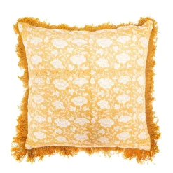 Online Sass and Belle Block Print Fringed Cushion Cover Mustard