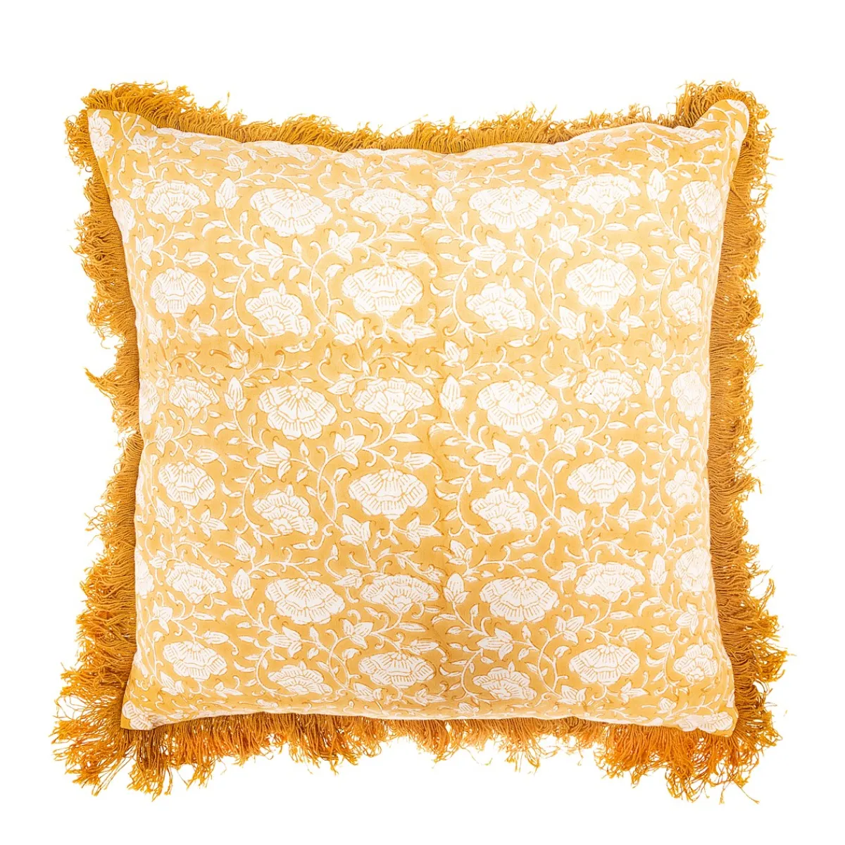 Online Sass and Belle Block Print Fringed Cushion Cover Mustard