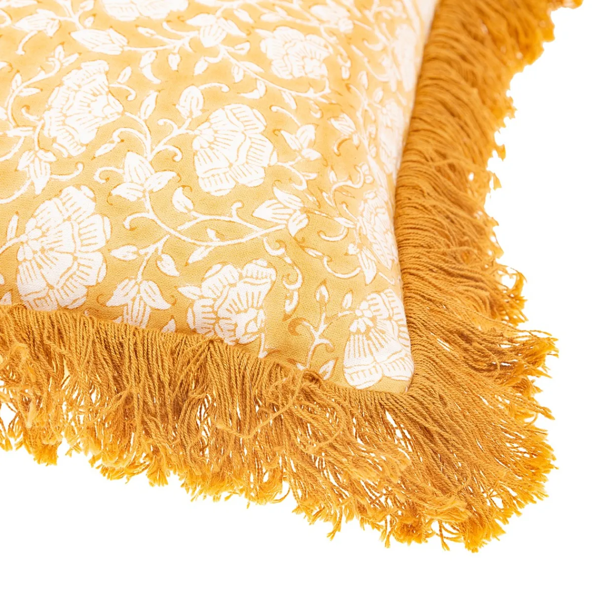 Online Sass and Belle Block Print Fringed Cushion Cover Mustard