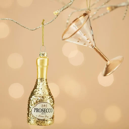 Clearance Sass and Belle Lets Celebrate Glitter Prosecco Bottle Shaped Gold Bauble
