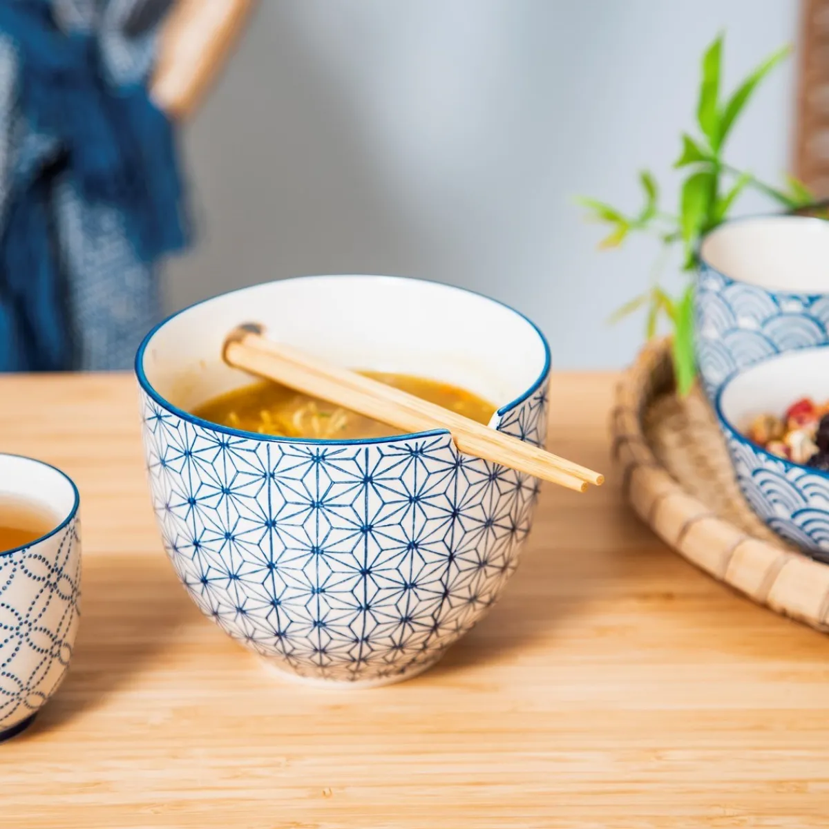 Best Sass and Belle Sashiko Pattern Noodle Bowl with Chopsticks