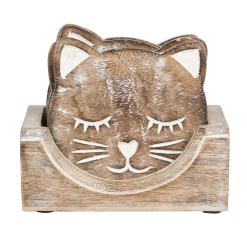 Best Sass and Belle Wooden Brown Carved Cat Coaster - Set of 6