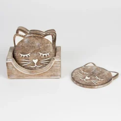 Best Sass and Belle Wooden Brown Carved Cat Coaster - Set of 6